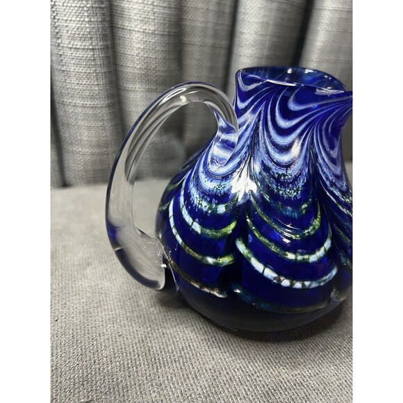 Kyle Gribskov Cobalt Blue Iridescent Inlaid Swirls Wave Blown Art Glass Pitcher - Picture 12 of 16